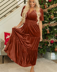Velvet Shirred Waist Tiered Maxi Dress