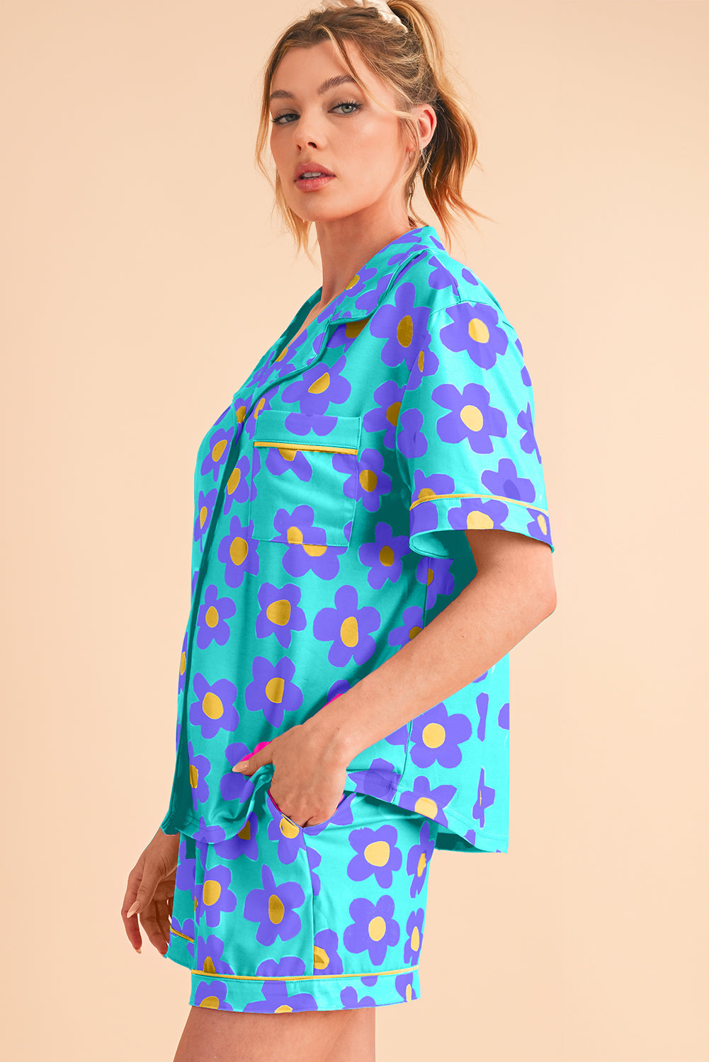 Flower Print Buttoned Shirt And Drawstring Waist Pajama Set