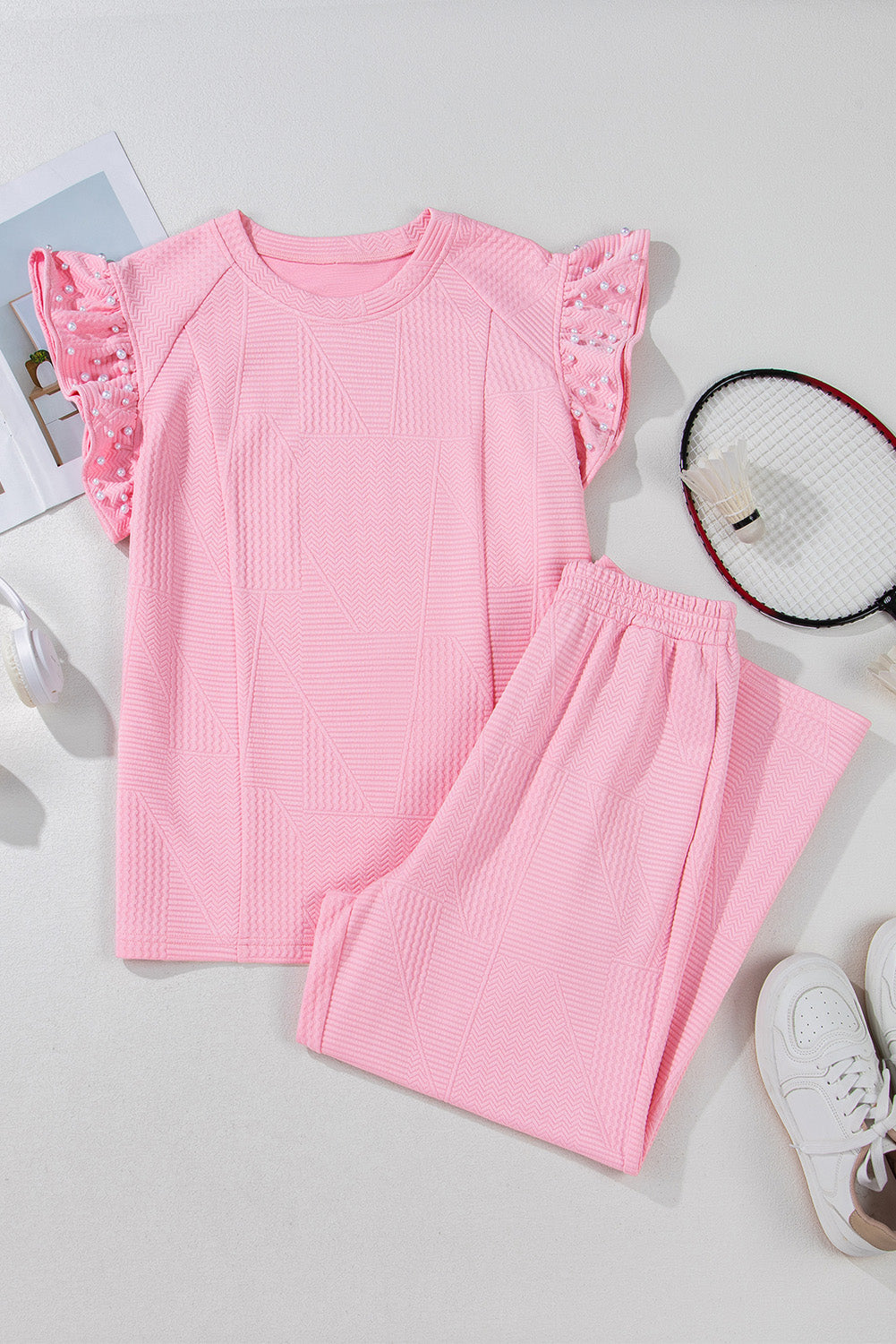 Elaine Textured Pearled Ruffled Sleeve Set