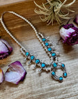 Mini Squash Blossom Necklace & Earrings – Kingman Turquoise – Sterling Silver – Native Made by Lonora Garcia – 17.5"