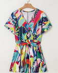 Tropical Wrap V-Neck Belted Romper
