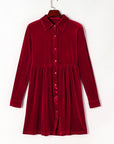 Velvet Button-Up Long Sleeve Ruffle Dress