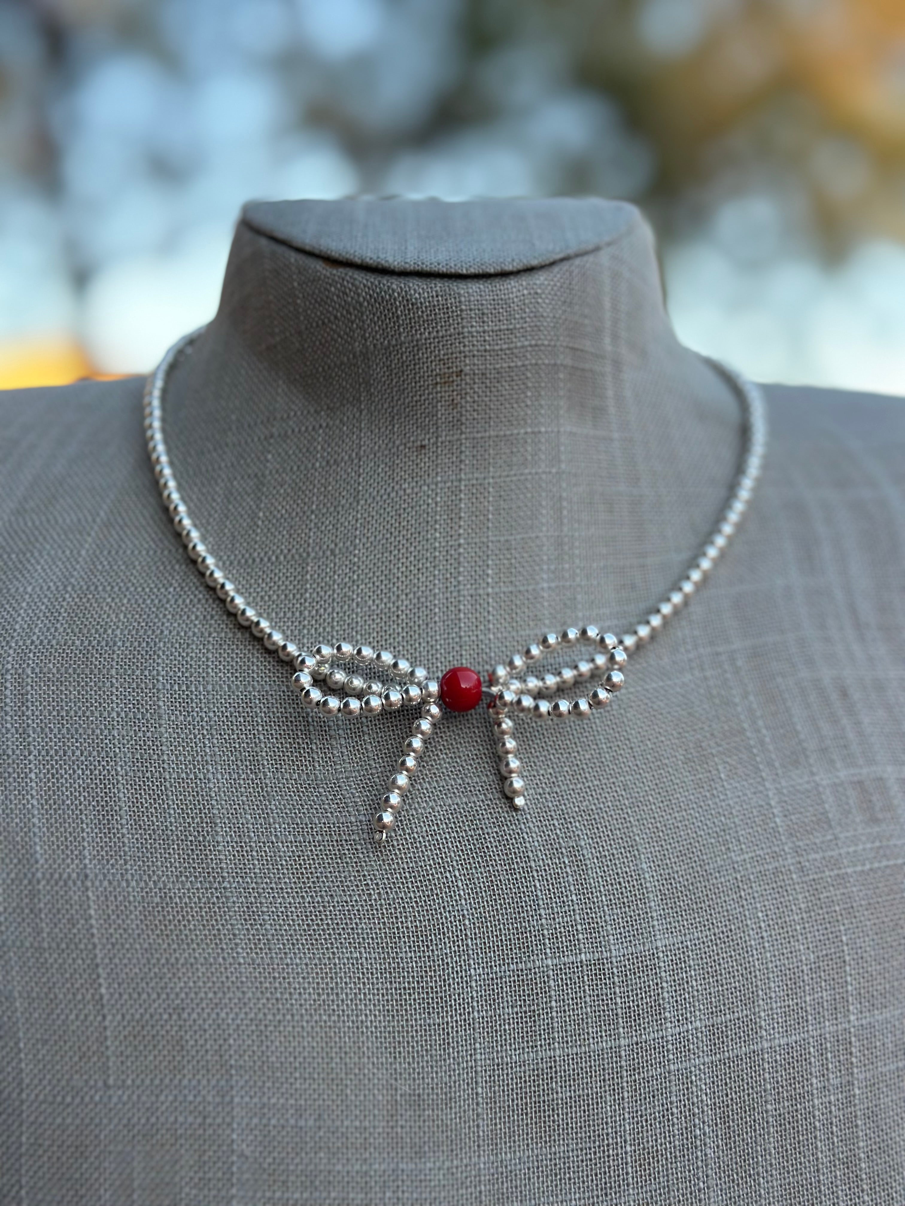 Stylish Sterling Silver Coral & Christmas Pearl Bow Tie Necklace