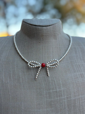 Stylish Sterling Silver Coral & Christmas Pearl Bow Tie Necklace