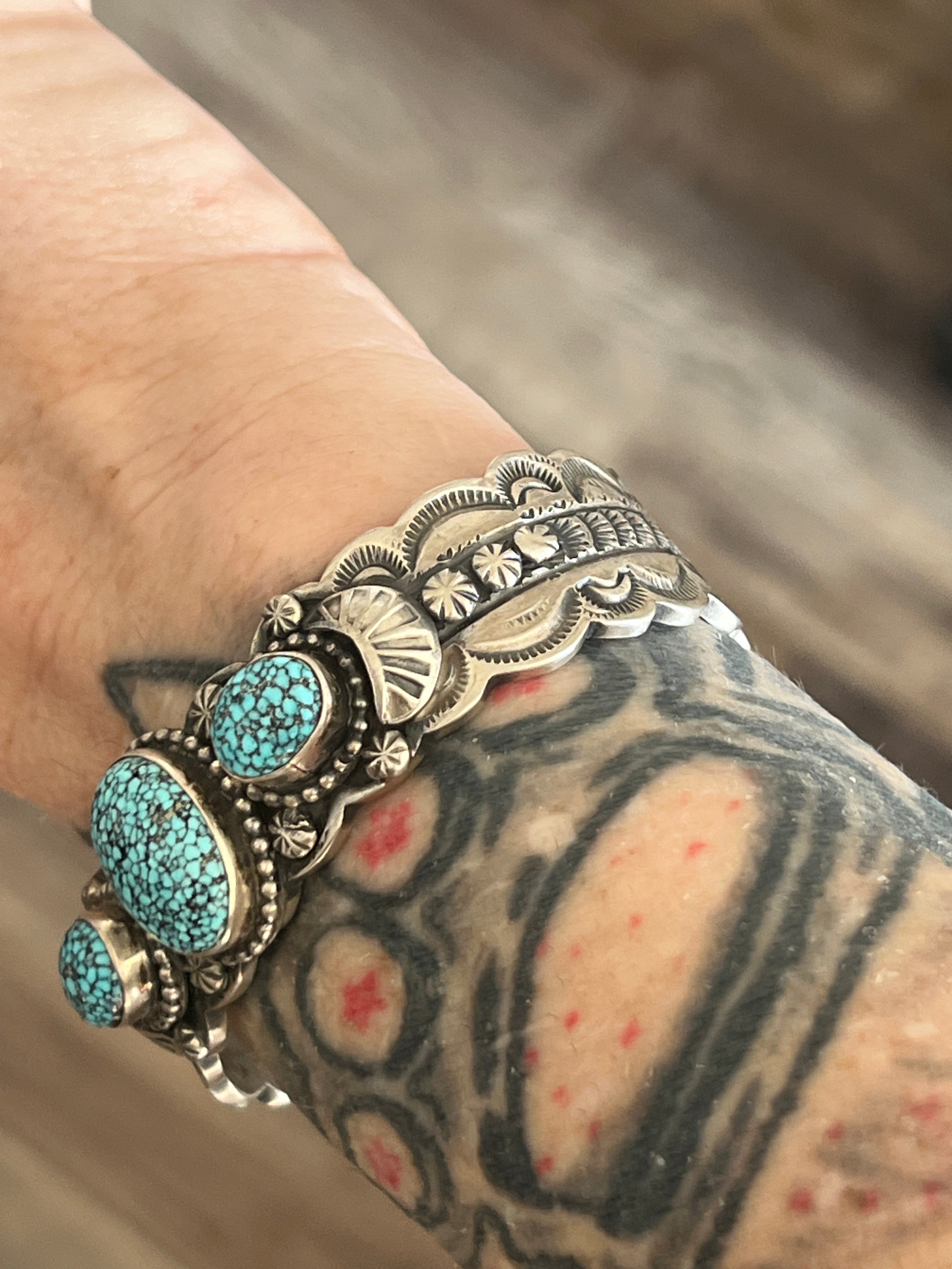 Navajo Sterling Silver and Spiderweb Kingman Turquoise Cuff Bracelet by Gilbert Tom