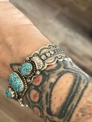 Navajo Sterling Silver and Spiderweb Kingman Turquoise Cuff Bracelet by Gilbert Tom