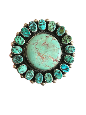 Navajo Sterling Silver Around The World Kingman Cluster Ring by B Yellowhorse, Size 7.5
