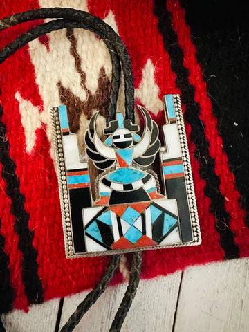 Vintage Old Pawn Zuni Multi Stone & Sterling Silver Inlay Thunderbird Bolo Tie