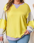 Yellow Striped Color Block Patchwork Crewneck Plus Size Pullover Sweatshirt