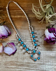 Mini Squash Blossom Necklace & Earrings – Kingman Turquoise – Sterling Silver – Native Made by Lonora Garcia – 17.5"