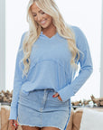 Solid V-Neck Raw Hem Long Sleeve Top