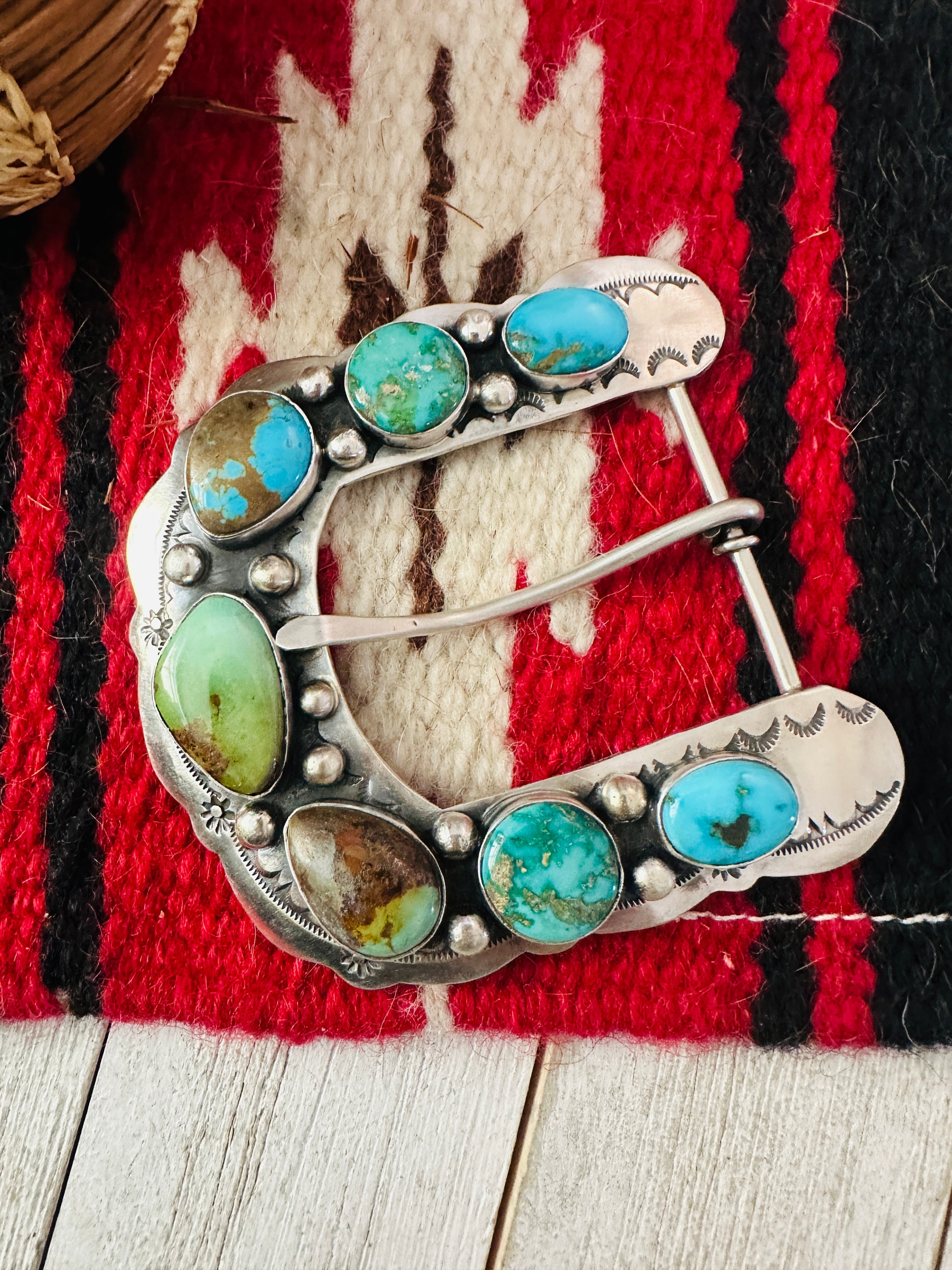 Navajo Turquoise & Sterling Silver Belt Buckle by Russell Sam