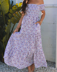 Floral Bubble Sleeve Shirred High Waist Maxi Dress