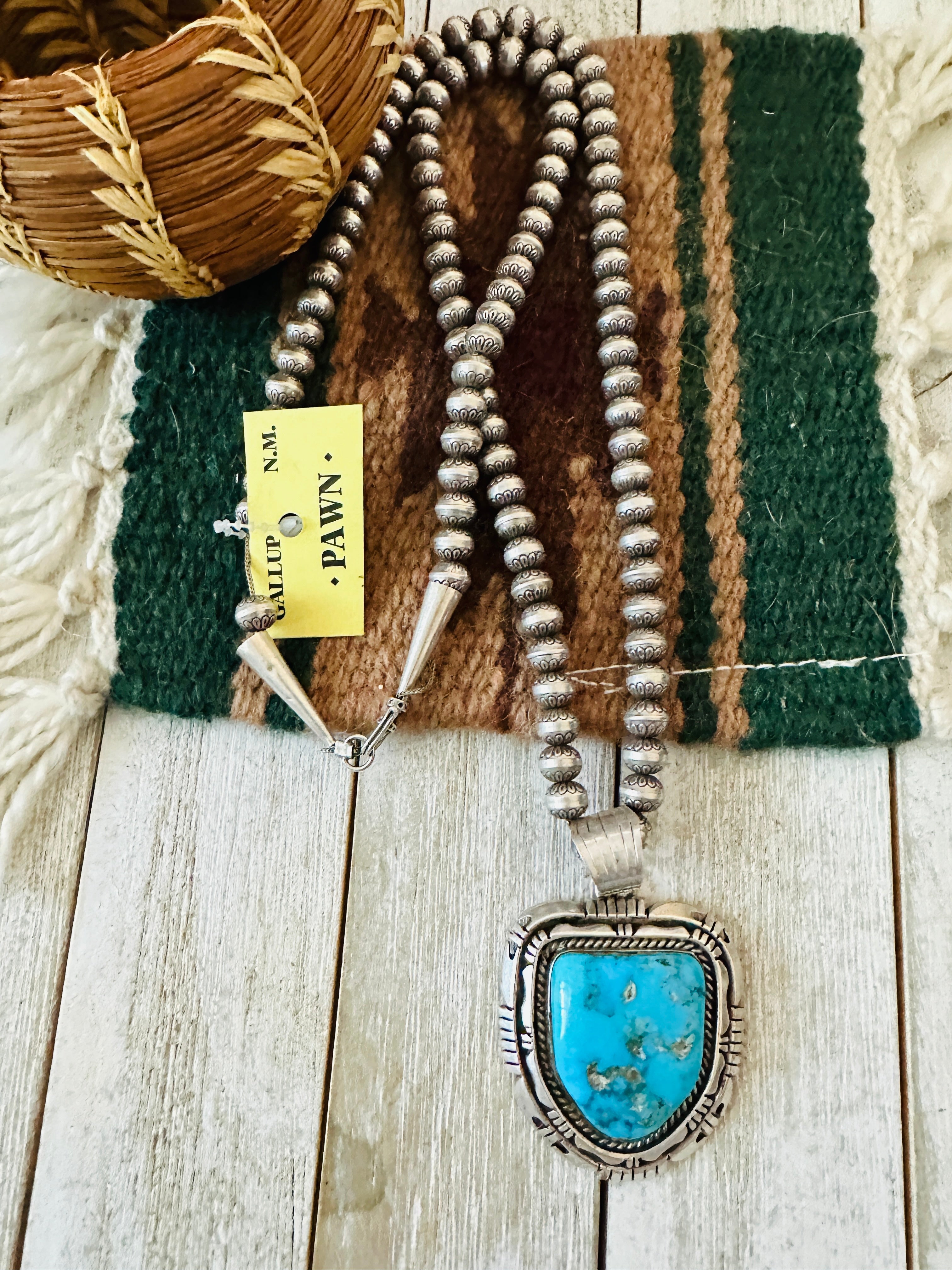 Vintage Old Pawn Sterling Silver Navajo Pearl & Turquoise Beaded Necklace