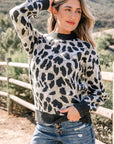 Leopard Contrast Trim Drop Shoulder Sweater