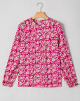 Pink Floral Print Split Neck Pleated Puff Sleeve Blouse
