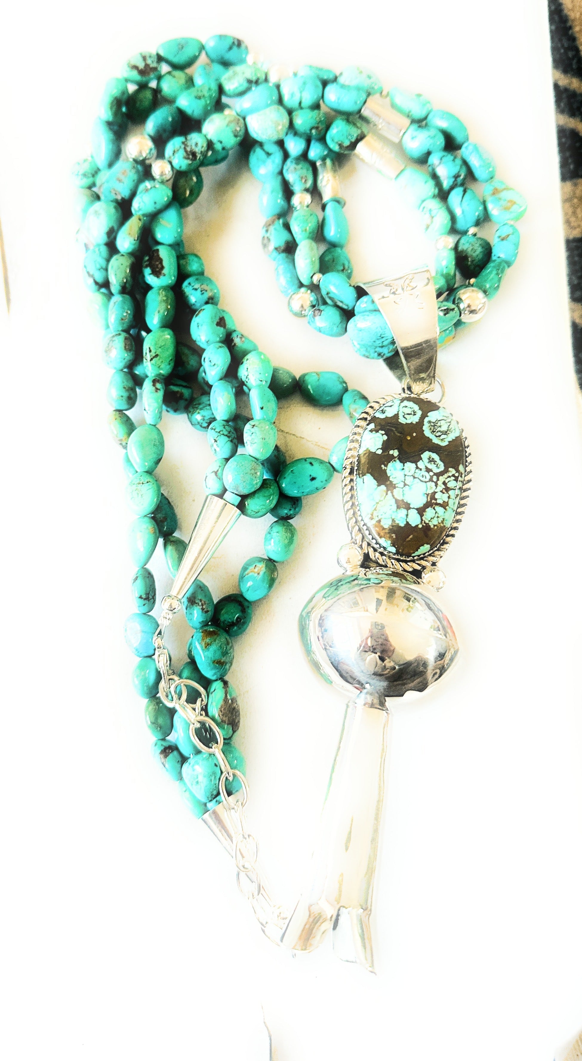 Vintage Old Pawn Navajo Turquoise & Sterling Silver Beaded Blossom Necklace