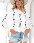 Floral Embroidered Scallop Hem Sweater