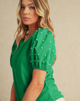Pearl Beaded Puff Sleeve Ribbed Top