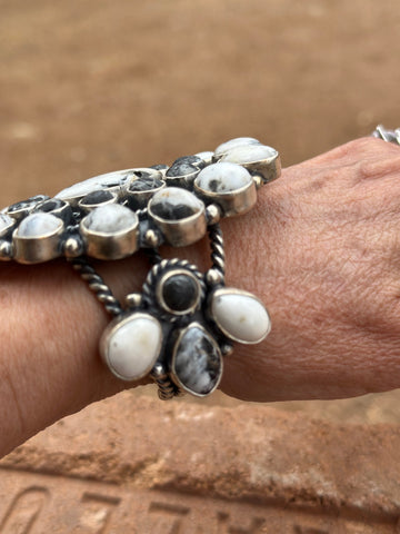 Navajo White Buffalo & Sterling Silver Cluster Cuff Bracelet