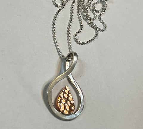 HAMMERED COPPER TEARDROP IN SILVER FRAME PENDANT