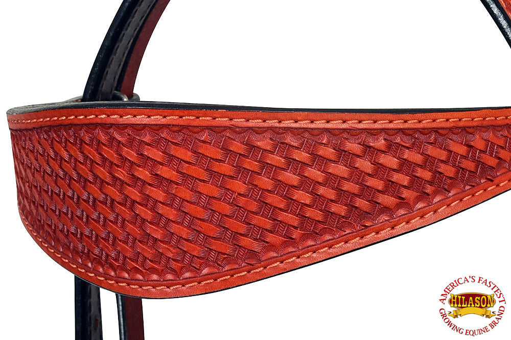 HILASON Western Horse Headstall Breast Collar Set Tack Genuine American Leather Basket Weave Mahogany