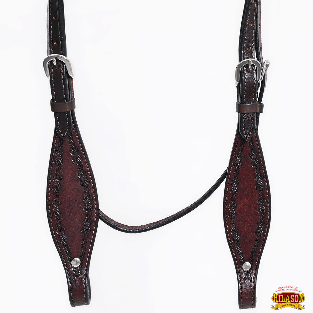 HILASON Western Horse Headstall Breast Collar Set Tack Genuine American Leather Barb Wire Dark Brown