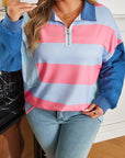 Blue Stripe Colorblock Patchwork Zip up Plus Size Pullover