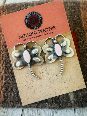 Navajo Queen Pink Conch & Sterling Silver Dragonfly Post Earrings
