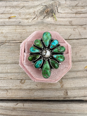 Handmade Sonoran Mountain Turquoise, White Buffalo & Sterling Silver Adjustable Ring