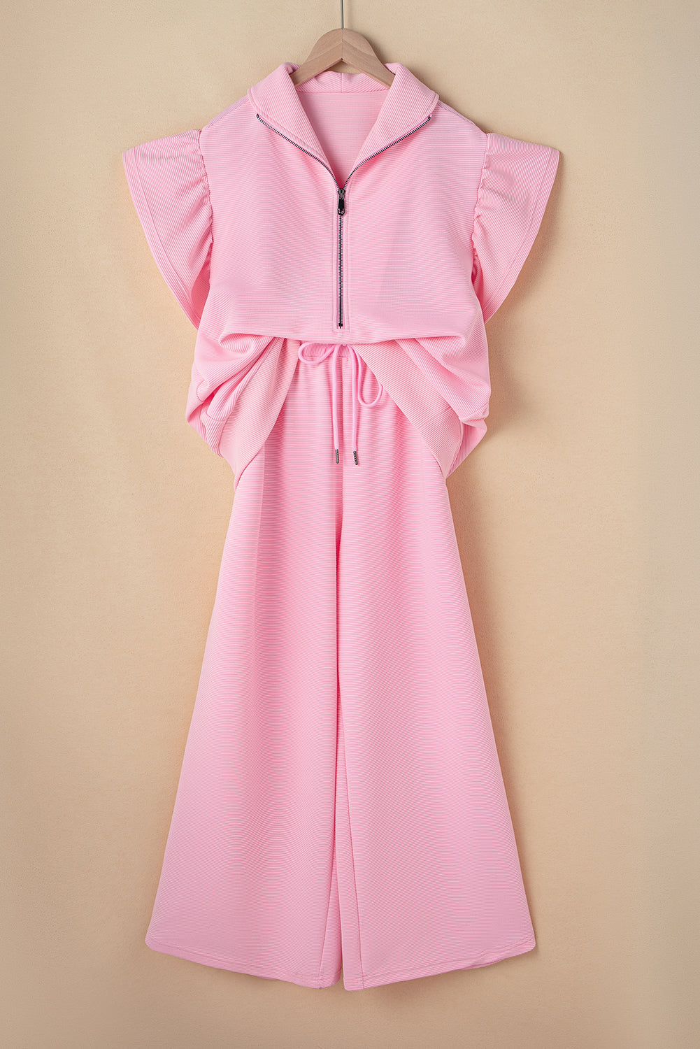 Textured Ruffle Sleeve Zipped Top and Wide Leg Pants Set