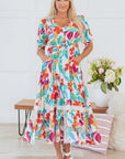 Sky Floral Knot Puff Sleeve Buttoned Front Maxi Dress