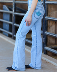 MIA TROUSERS - LIGHT WASH TURQUOISE POCKET