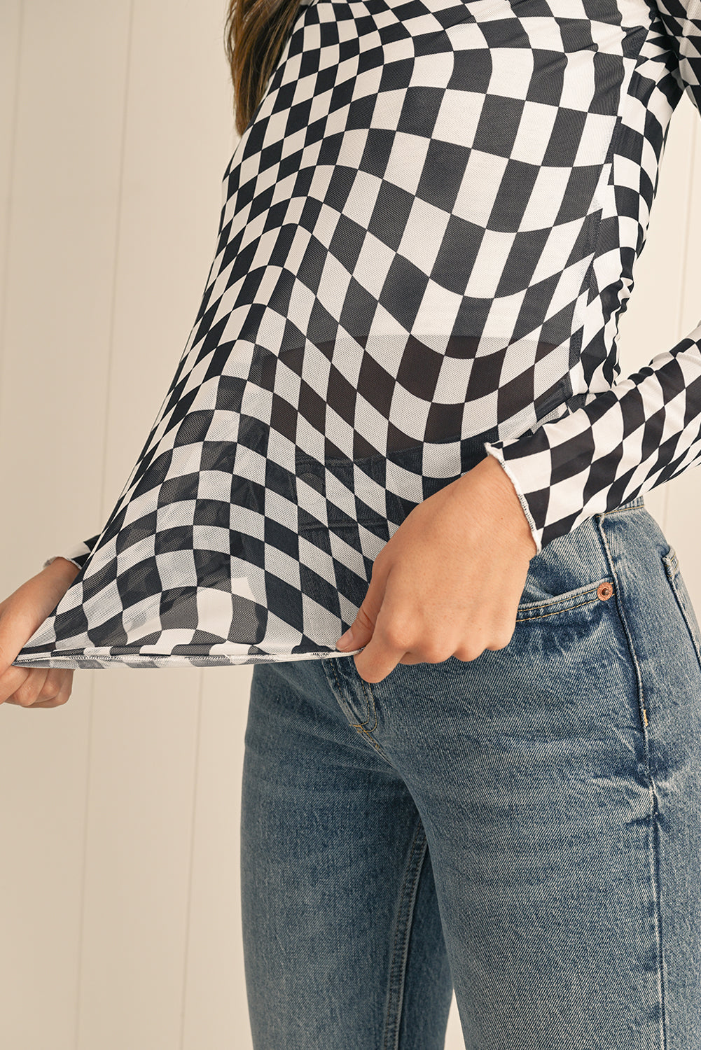 Checkered Pattern Mesh Long Sleeve Top
