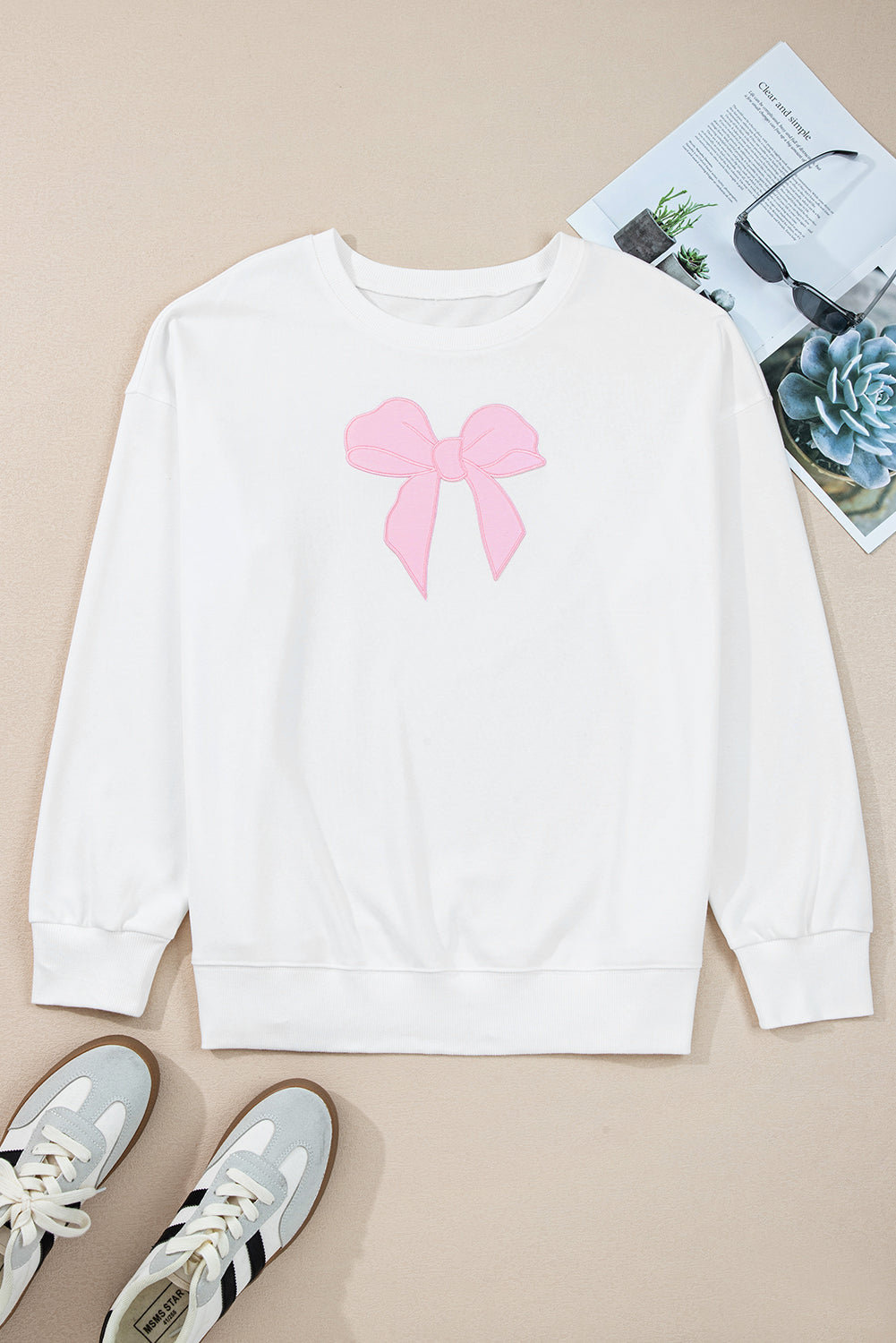 Beige Big Bow Accent Plus Size Drop Shoulder Sweatshirt
