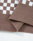 Checker Ribbed Trim Half-Button Sweater