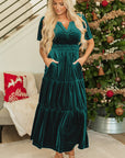 Velvet Shirred Waist Tiered Maxi Dress