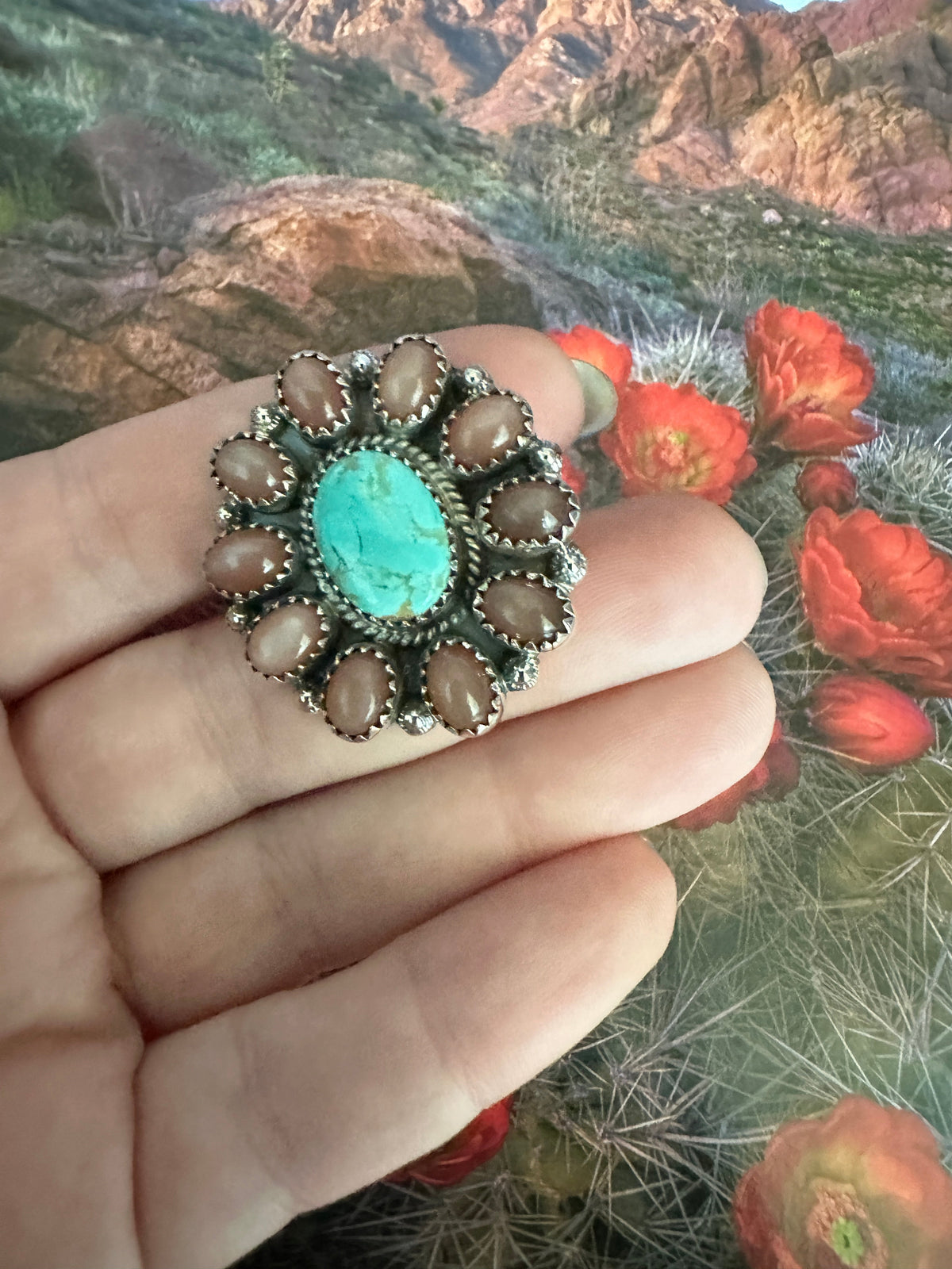 Handmadee Adjustable Turquoise Mother of Pearl Sterling Silver Ring