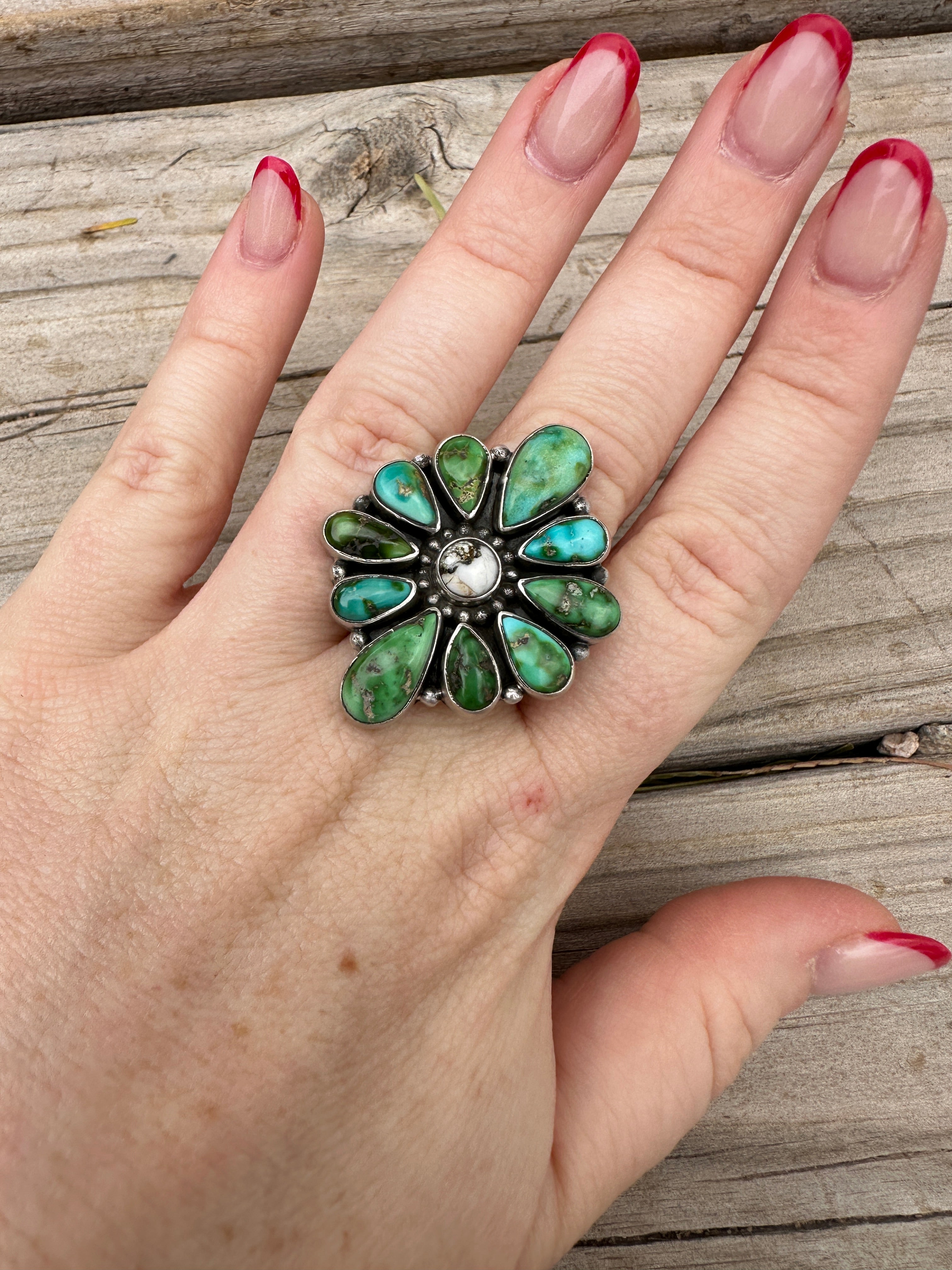 Handmade Sonoran Mountain Turquoise, White Buffalo & Sterling Silver Adjustable Ring