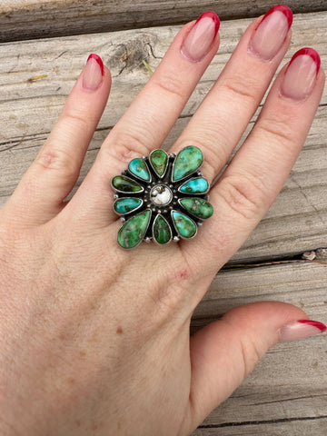 Handmade Sonoran Mountain Turquoise, White Buffalo & Sterling Silver Adjustable Ring