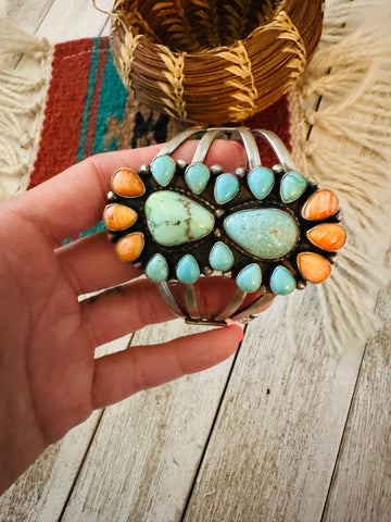 Navajo Spiny Oyster, Turquoise & Sterling Silver Cluster Cuff Bracelet