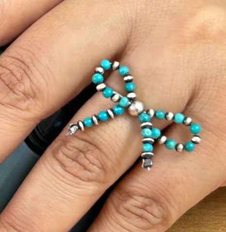 Handmade Turquoise Bow Tie Ring | Sterling Silver Navajo Pearl Style