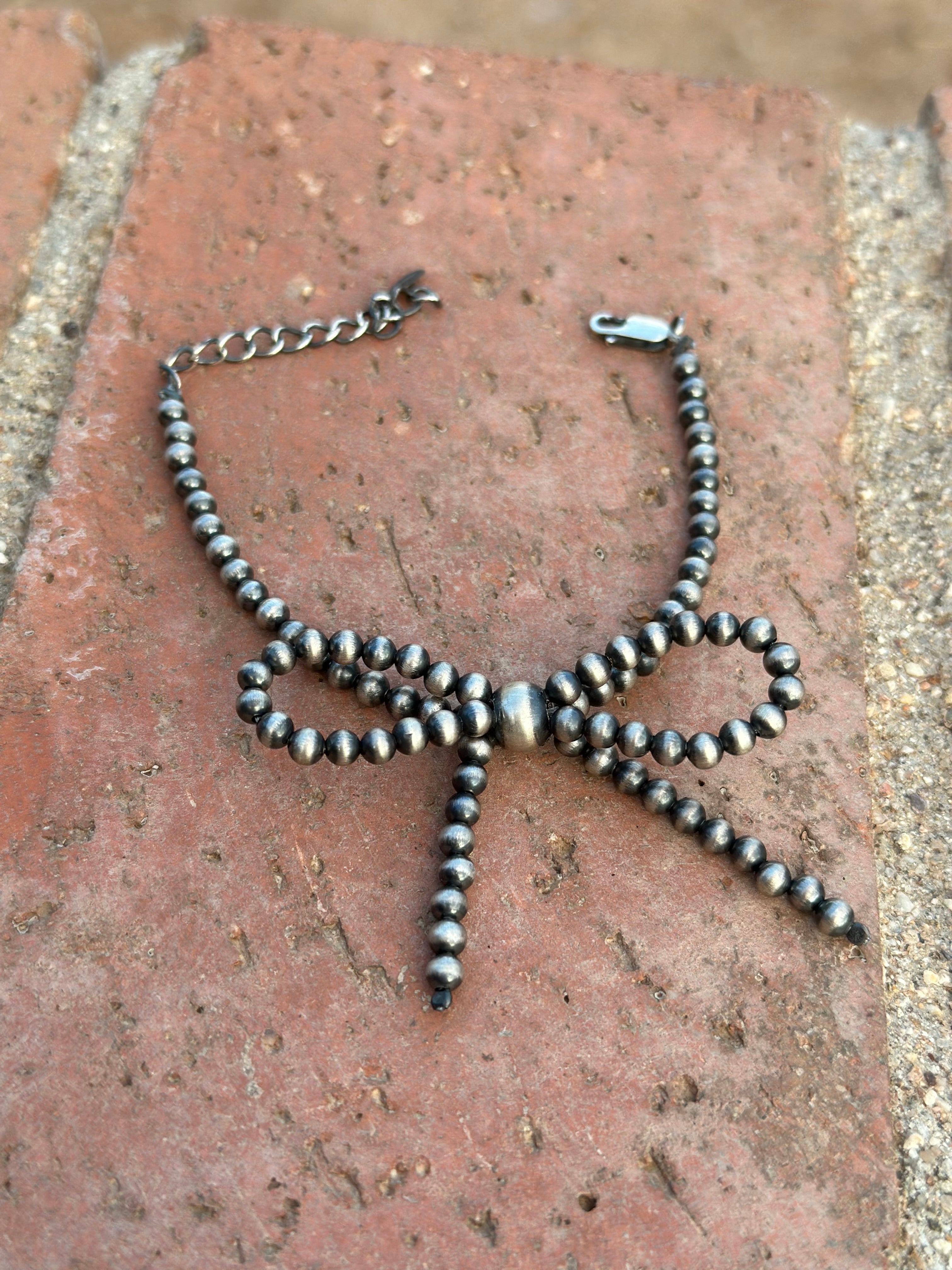 Handmade 4mm-8mm Sterling Silver Beaded Stretch Bow Bracelet Size 6-8 extender