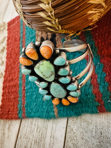 Navajo Spiny Oyster, Turquoise & Sterling Silver Cluster Cuff Bracelet