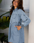 Molly Smocked Cuffs Flared Denim Shirt Mini Dress