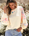 Floral Patchwork Balloon Sleeve Textured Blouse