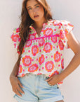 Floral Ricrac Trim  Ruffle Sleeve Blouse