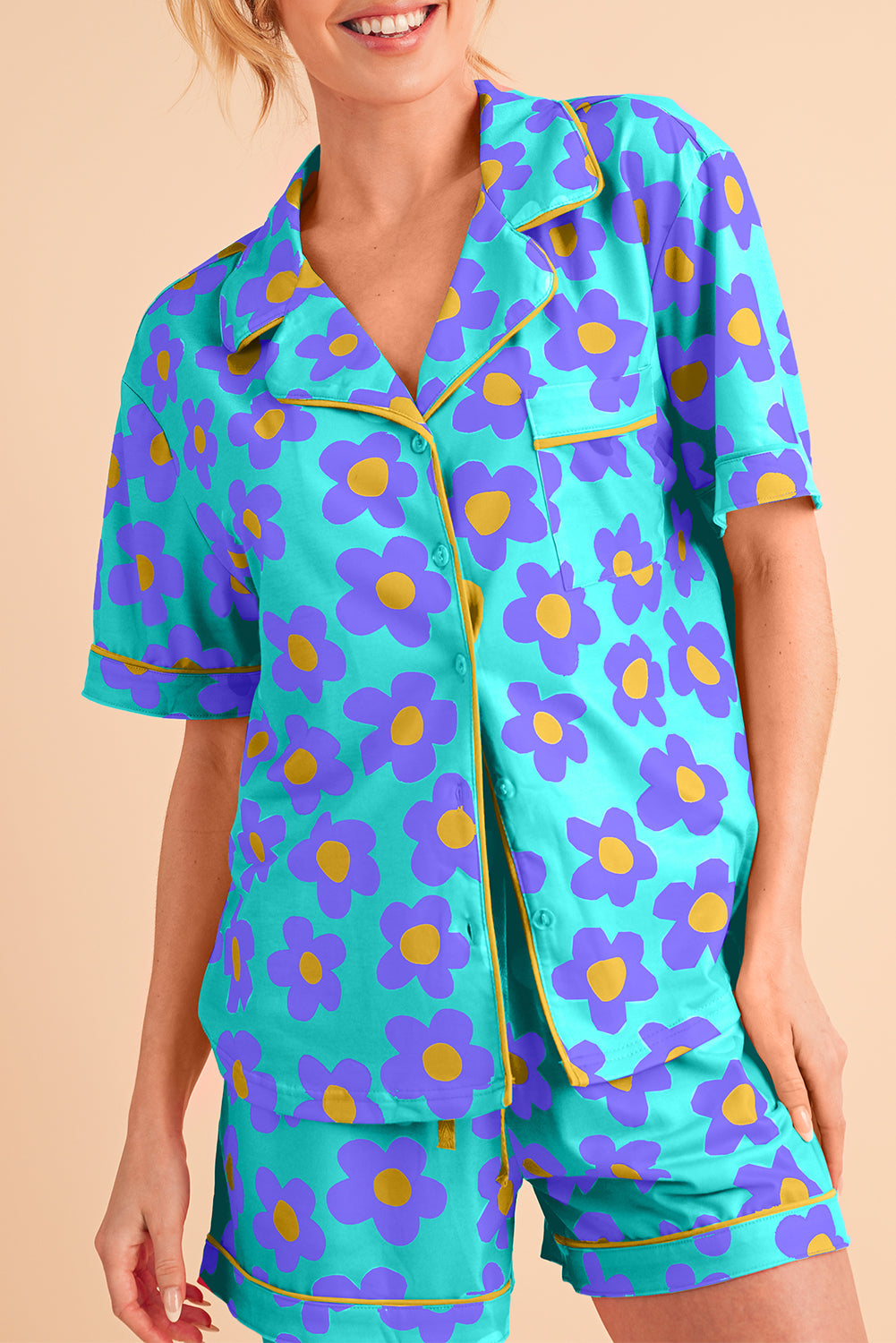 Flower Print Buttoned Shirt And Drawstring Waist Pajama Set