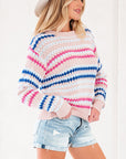 Stripe Eyelet Knit Drop Shoulder Sweater