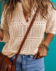 Loretta Turn-down Collar Hollowed Knit Short Sleeve Top